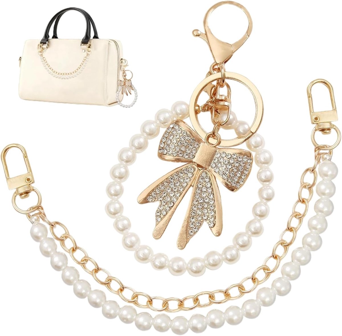 Elegante Pareln necklace met Strass Strik, Gouden Tas Chain en Tasverlenging voor Handtassen en Schoudertassen