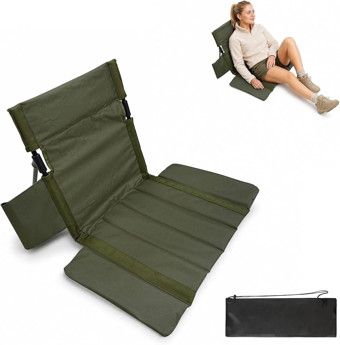 Comfortabele Strandmat met Rugleuning, Opvouwbare Strandstoel, Zitkussen en Bekerhouder voor Buitenactiviteiten zoals Camping, Picknicken en Tuinieren, Duurzaam 600D Oxford Stof, Lichtgewicht en Praktisch