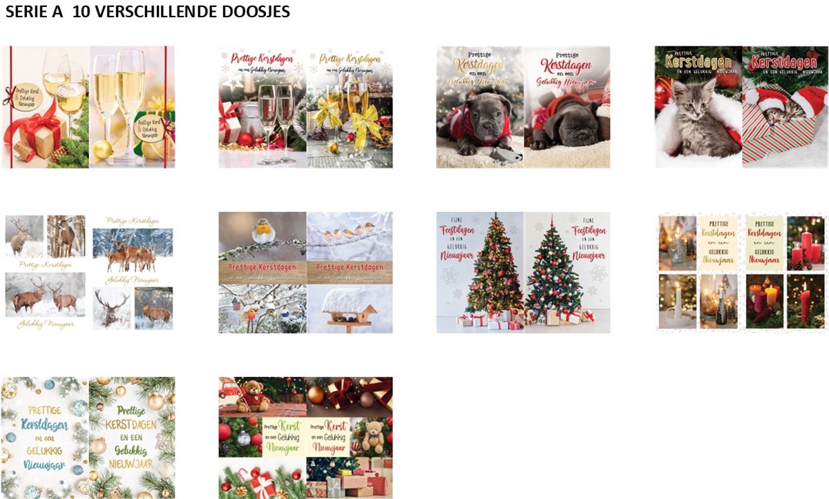 Kerstaanbieding: 60 kerstdoosjes budget met 10 kaarten en enveloppen serie A