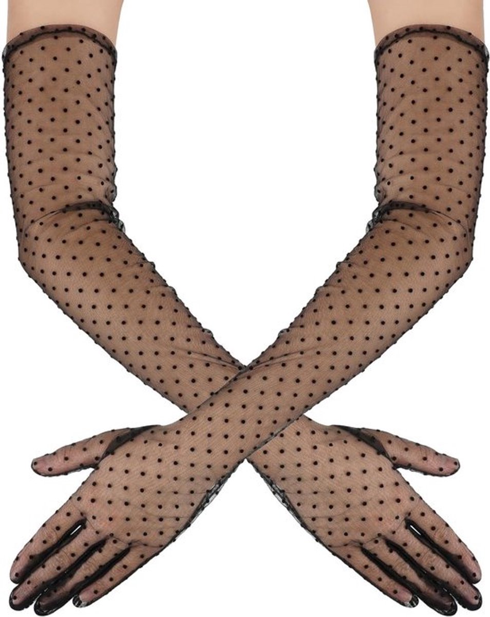 Polka Dot Lange Kant Tulle Handschoenen - Zwarte Doorzichtige Vintage Ellebooglange Handschoenen voor Bruiloft, Theepartij en Dansfeest