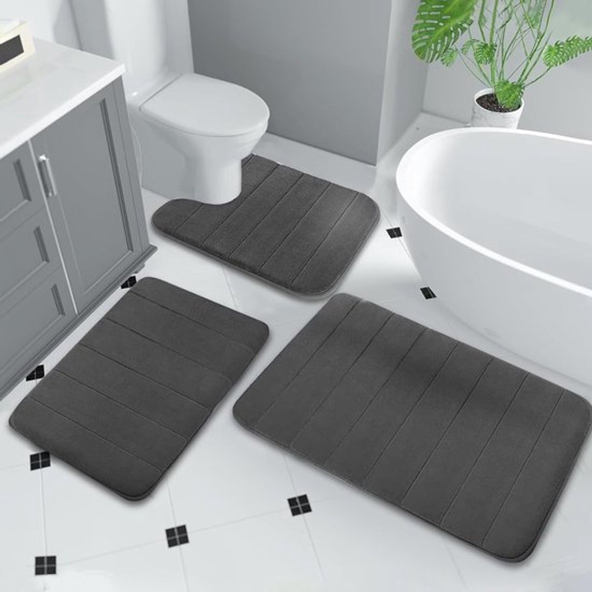 Zachte en Absorberende Badkamer Tapijten Set van 3 - Antislip, Wasbaar en Sneldrogend voor Douche en Toilet (Donkergrijs)