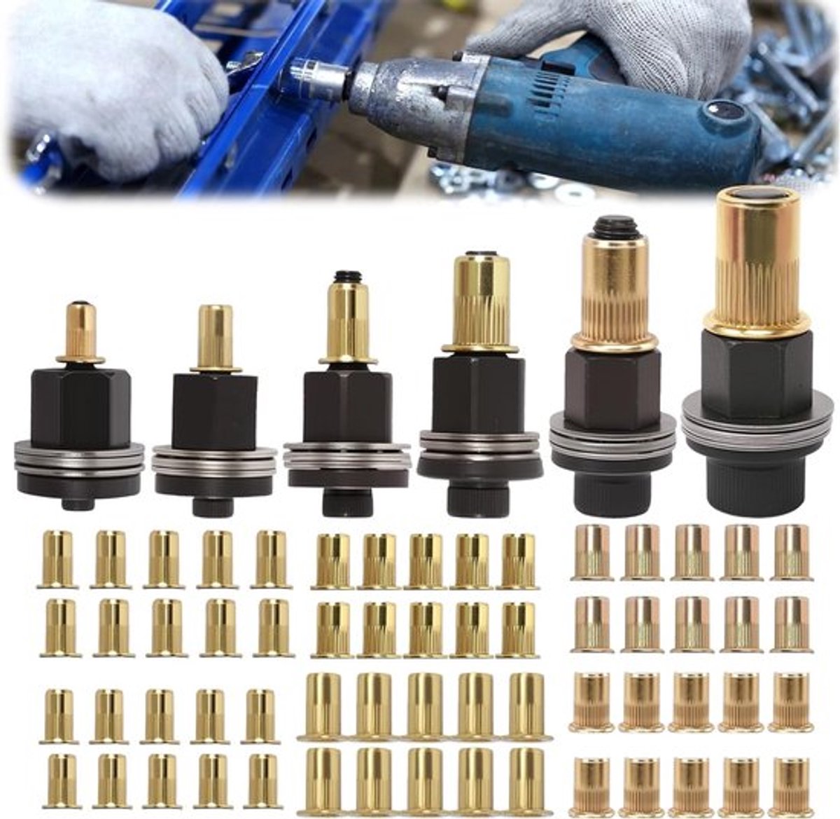 Set van 6 Rivet Nuts voor M3, M4, M5, M6, M8, M10 - Handgereedschap voor het bevestigen van metalen en kunststof onderdelen, inclusief drukmoeren en montagehulpmiddelen