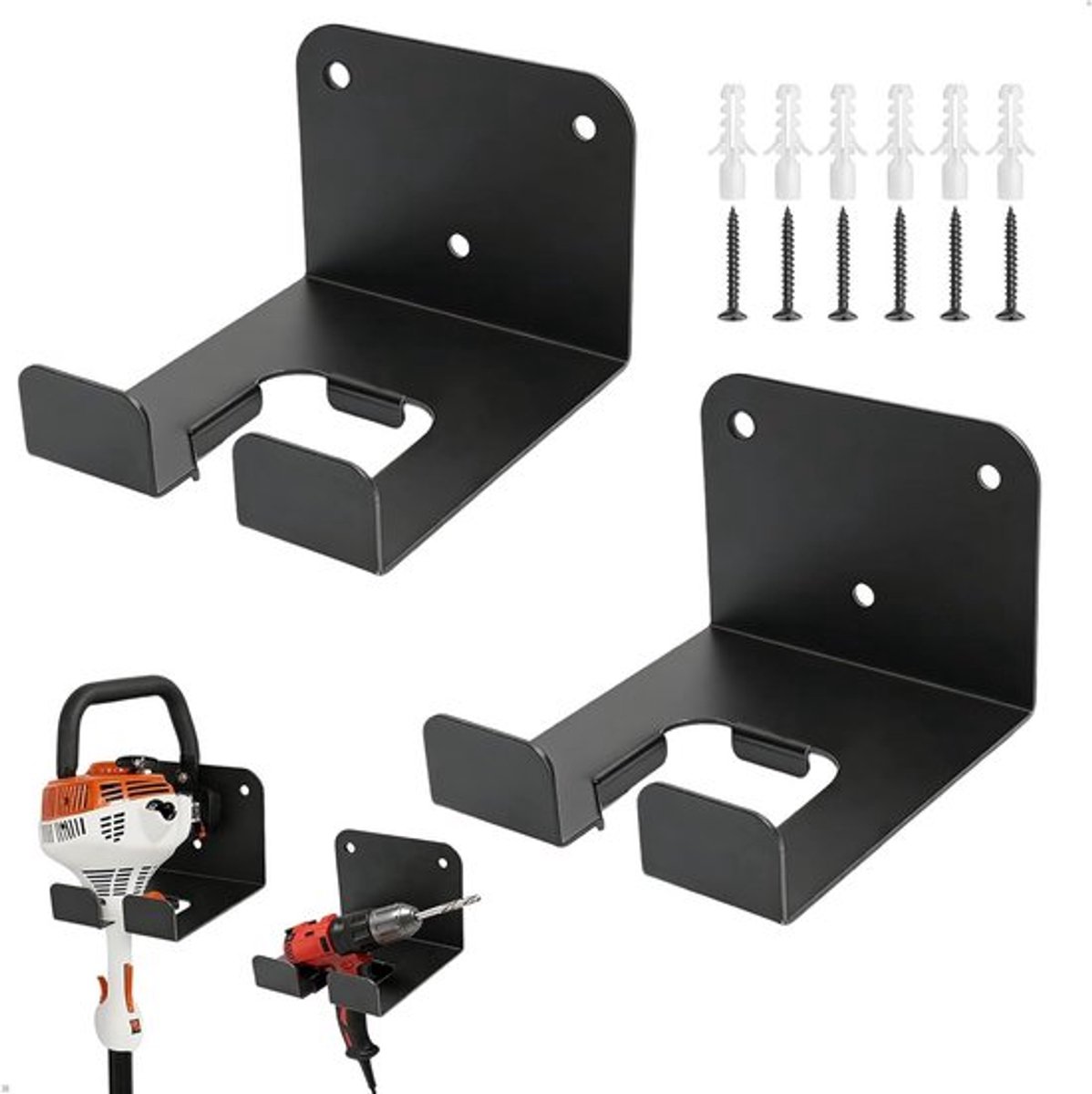 Set van 2 muurbeugels voor tuin gereedschap met schroeven voor garage of tuinhuis - Zwart, stevig en praktisch