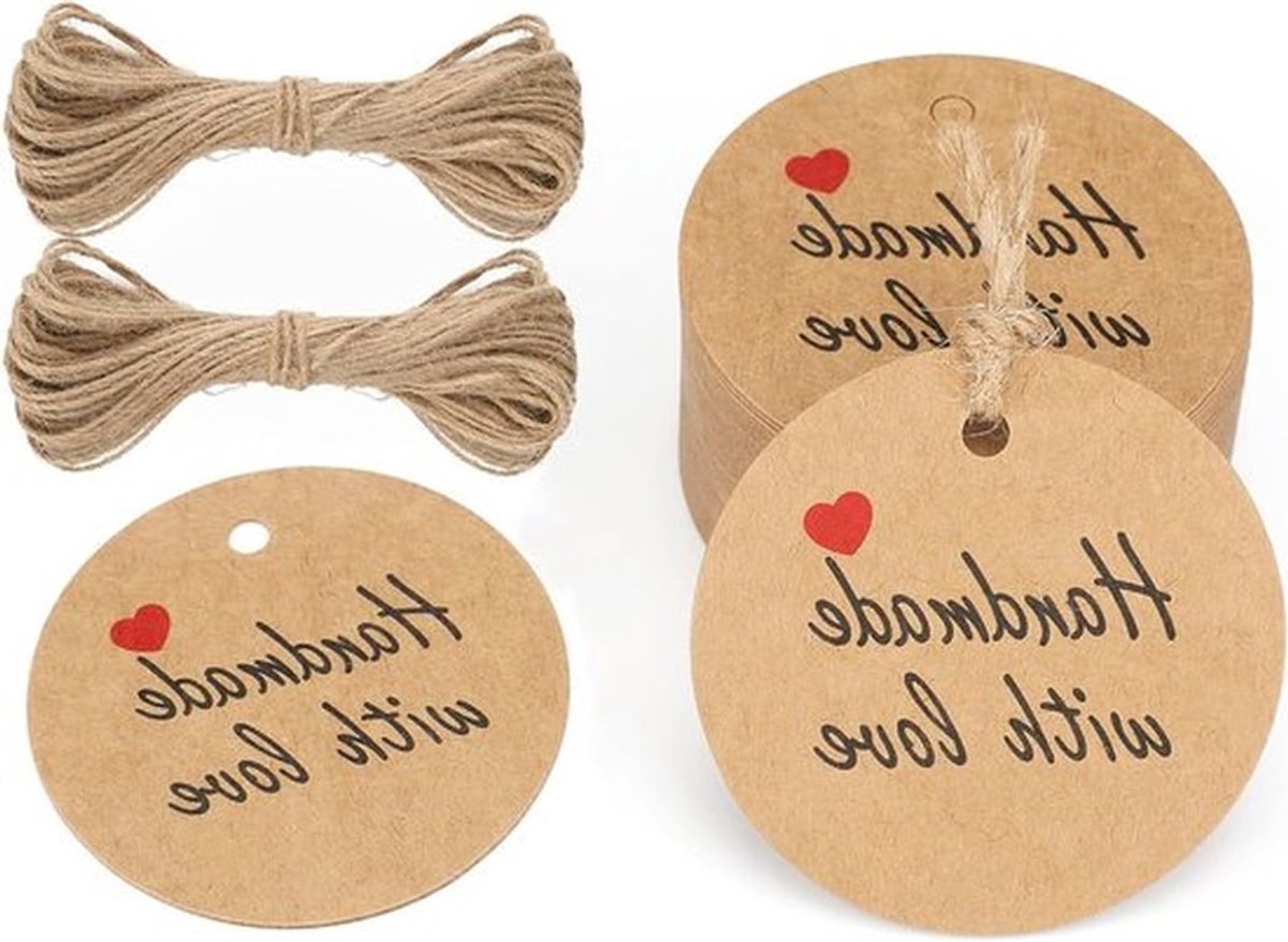 Handgemaakte kraftpapier hangers, 100 stuks ronde cadeau-tags voor ambachtelijke producten, bruine papierpendants met touw voor geschenken en DIY-projecten