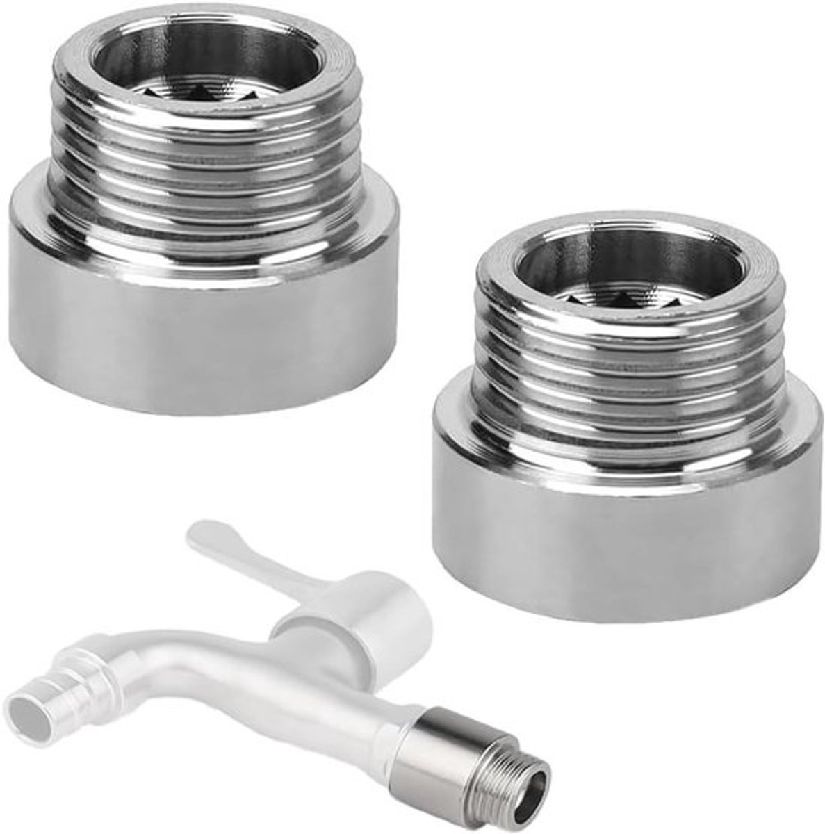 Set van 2 RVS kraanverlengstukken voor keukenkranen, douchekoppen en tuinslangen - veelzijdige adapter voor optimale waterstroom en gebruiksgemak.