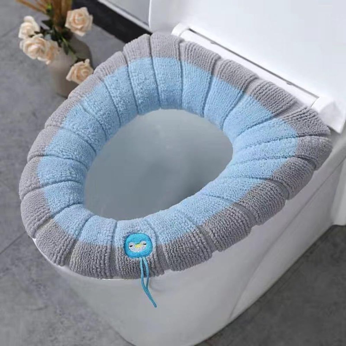KZQ Wasbare Toiletbrilhoes Van Zachte Polyester Met Bevestigingsring Voor O U En V Vorm Blauw Grijs