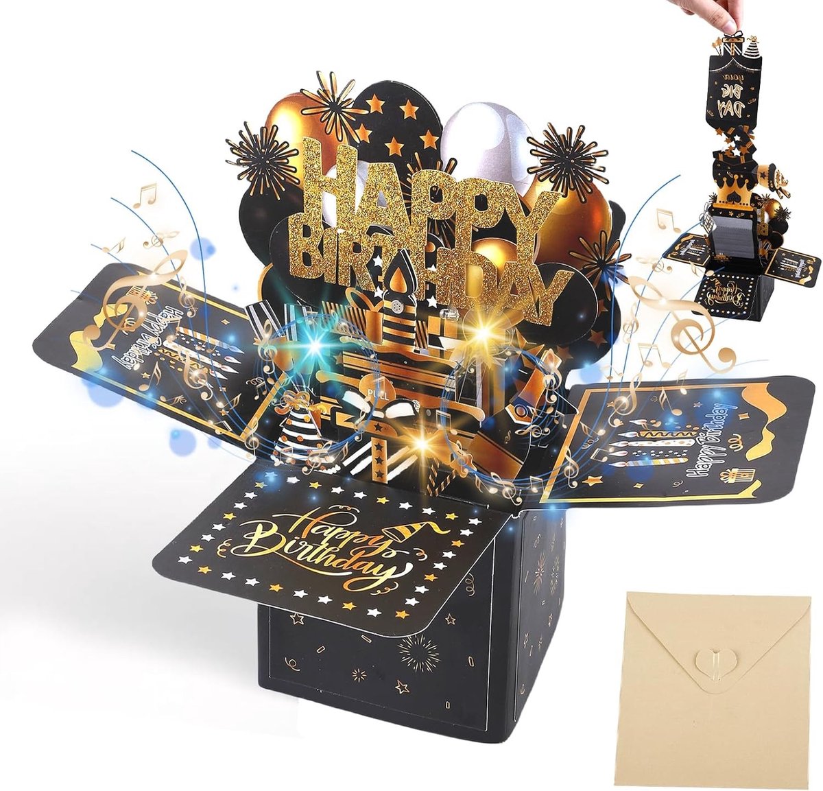 3D Verjaardagskaart - Zwart - 22 x 22 cm - Muziek en Licht met Interactieve Kaarsen - Voor Mannen en Vrouwen