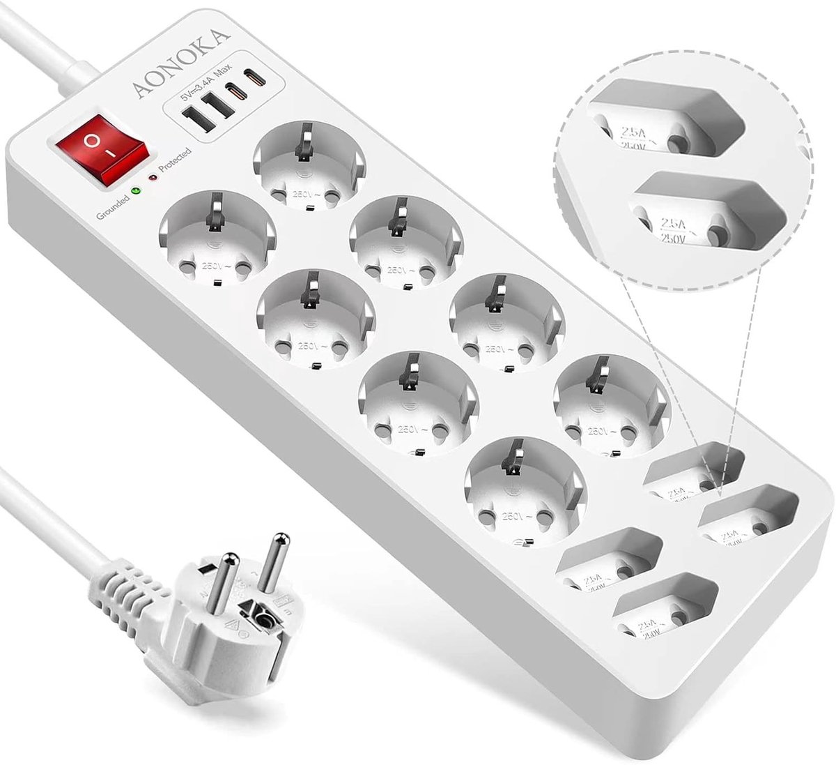 12-voudige stekkerdoos met USB C en overspanningsbeveiliging - schakelaar - 12 stopcontacten - 2 USB-C - 2 USB-A - verlengkabel 15m - wit