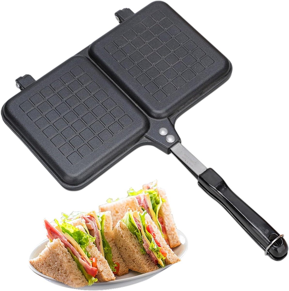 Sandwich Machine - Tosti IJzer - Ontbijt Bereiden - Dubbel Panelen - 36x25cm - Zwart