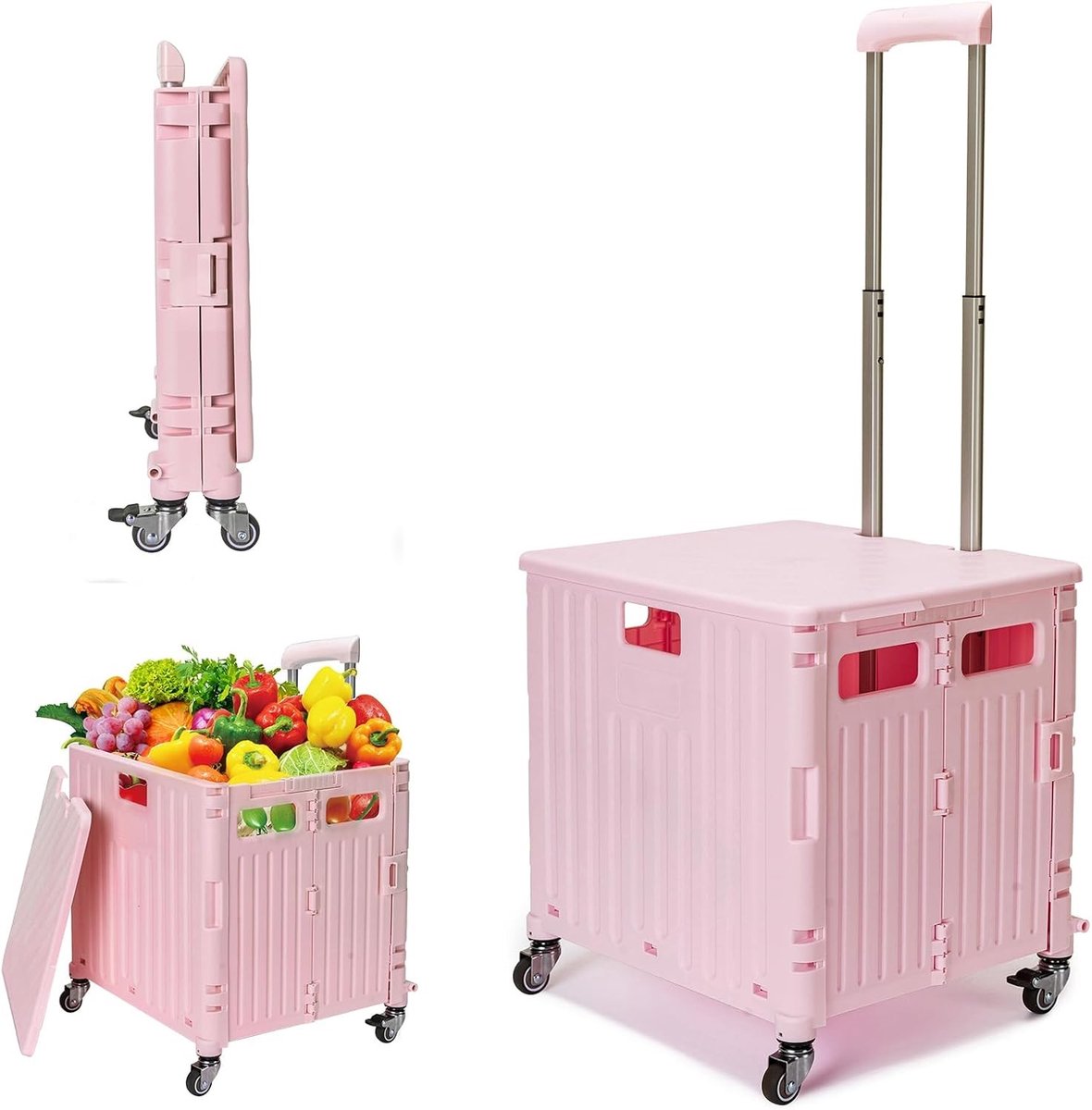Boodschappentrolley - Roze - 65 liter - Inklapbare Kunststof Winkelwagen met Deksels - Voor Winkelen en Kamperen