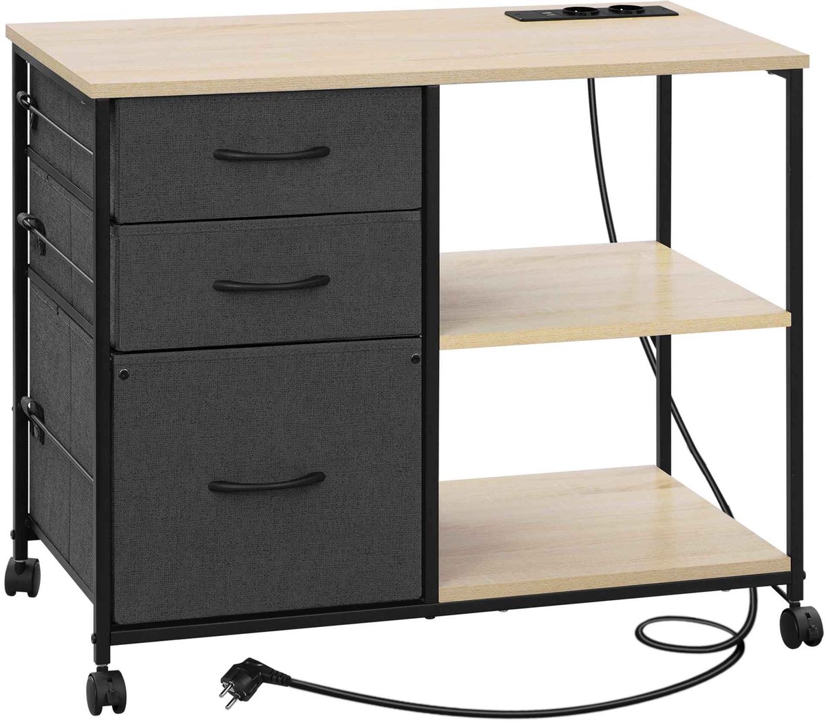 CORE Archiefkast met Oplaadstation - Verrijdbare Archiefkast met Stoffen/MDF laden - Mobiele Printerstandaard en Documentenkast - Opbergkast voor A4- en Hangmappen - Multifunctionele Kantoorkast - Industrieel Design - 80x40x66cm - Houtlook en Zwart