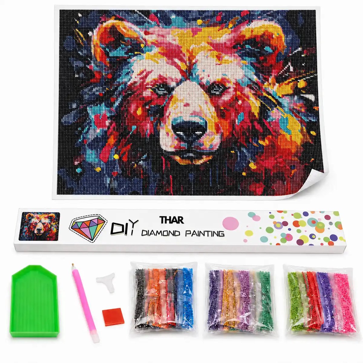 THAR Diamond Painting Kleurrijke Beer - 40x50 cm - Ronde Steentjes