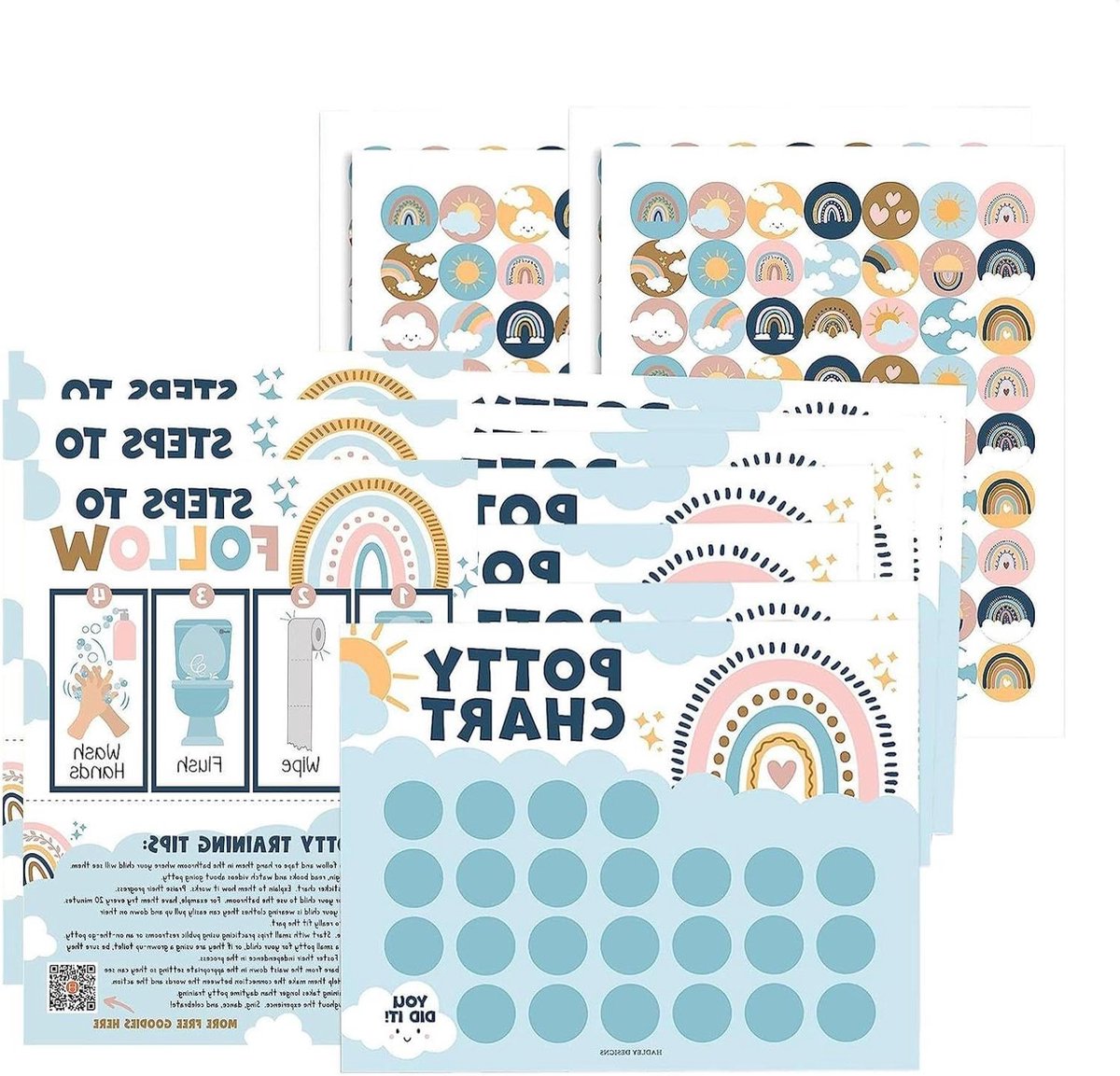 Potty Training Sticker Kaart - Beloningssysteem Kinderen - Zindelijkheidstraining Thuis - Bohemian Stijl Design - 10 Kaarten 63 Stickers - Multicolor