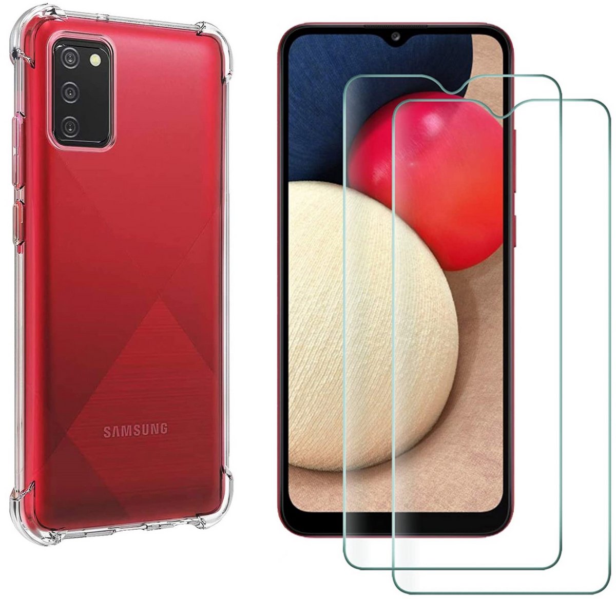 Hoesje geschikt voor Samsung Galaxy A02S backcover Shockproof siliconen Transparant en 2 stuks Screenprotector Gehard Glas