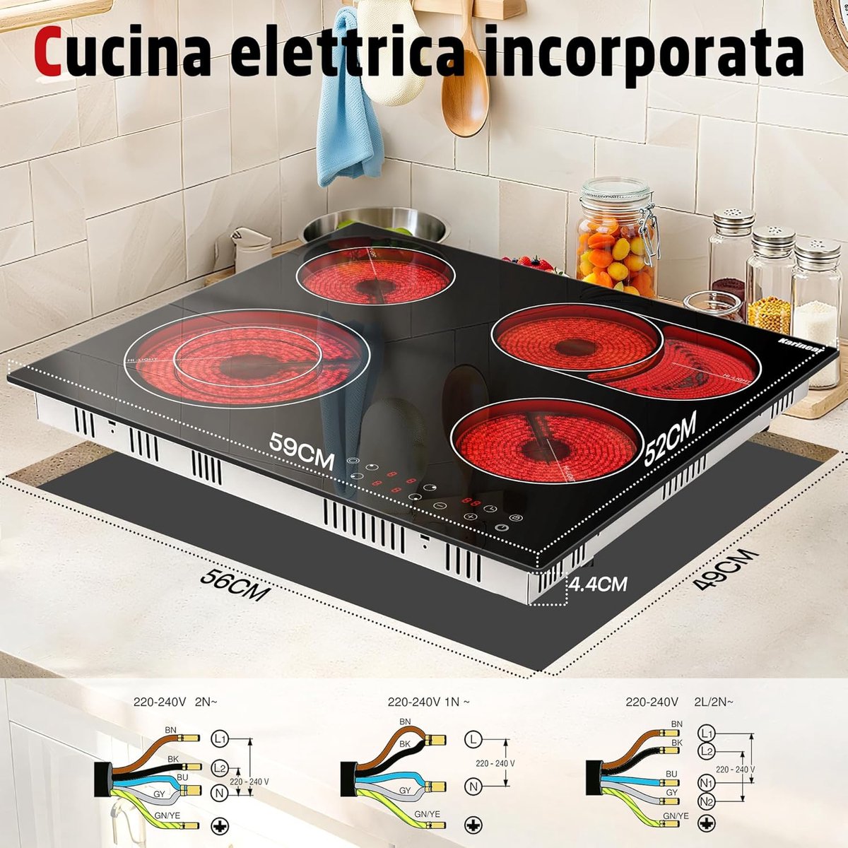 Keramische Kookplaat - Inbouw Kookplaat - Veelzijdig Koken - 4 Zones Dubbele Zone - 60cm Breed - Zwart