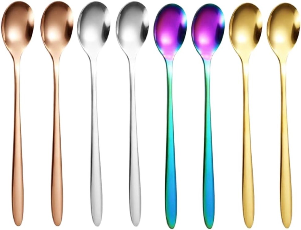 Set van 8 hoogwaardige roestvrijstalen koffielepels, multifunctionele lepelset, duurzaam en kleurrijk design