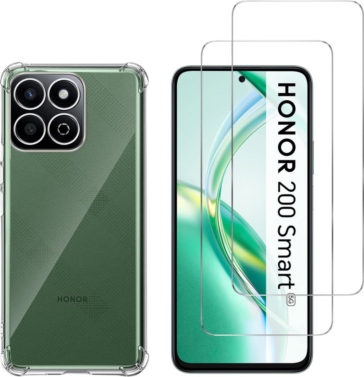 Hoesje geschikt voor Honor 200 Smart 5G backcover Shockproof siliconen Transparant en 2 stuks Screenprotector Gehard Glas