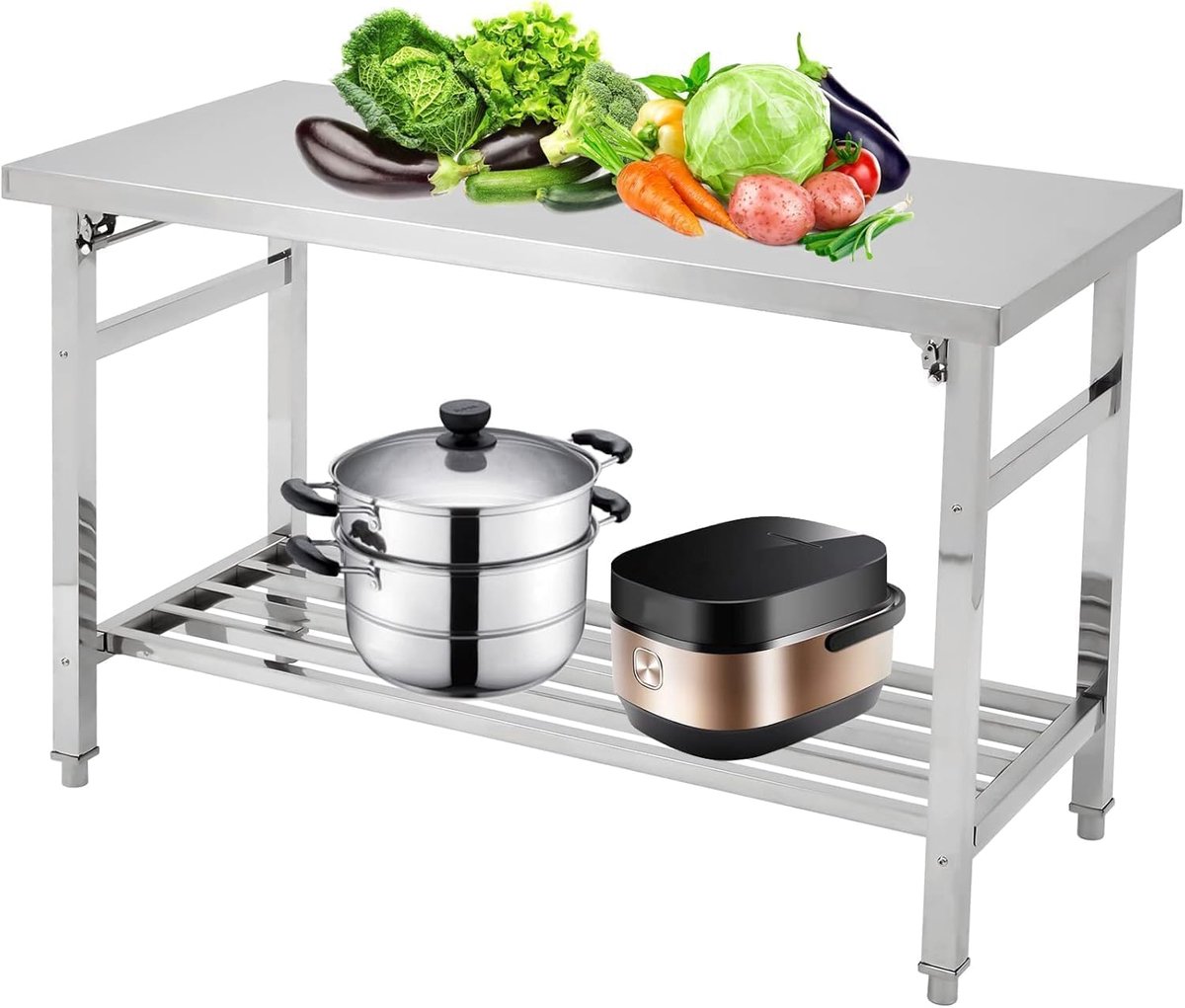 Opvouwbare roestvrijstalen eettafel – Stevige kampeertafel met twee niveaus – Verstelbare onderplank – Vergrendelbare zwenkwielen – Draagvermogen van 920 Lbs – 90×70×60 cm