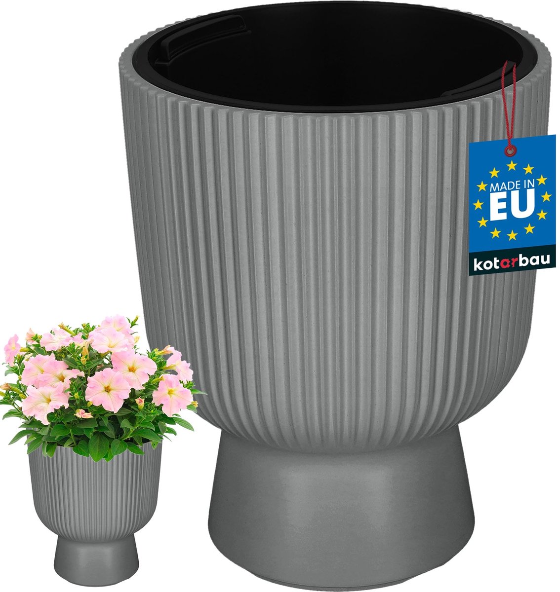 KOTARBAU® Bloempot - Plantenpot Ø 23 cm - met Binnenpot - Geribbelde Plantenbak - Plantenpot met Voet - Plantenbak - Kunststof - H: 30 cm - Grijs