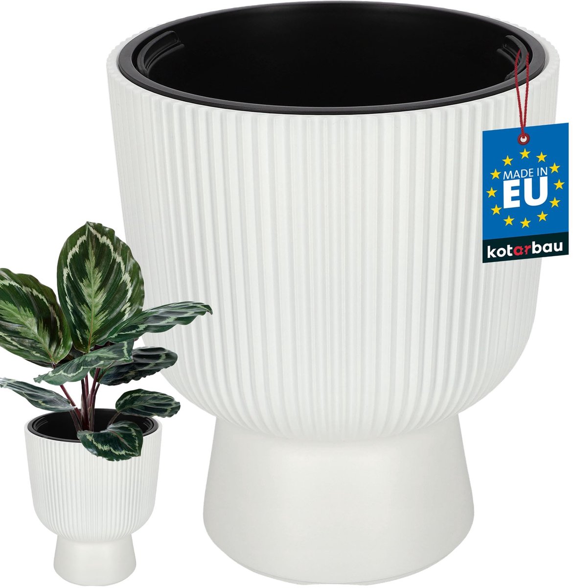 KOTARBAU® Bloempot - Plantenpot Ø 29 cm - met Binnenpot - Geribbelde Plantenbak - Plantenpot met Voet - Plantenbak - Kunststof - H: 36 cm - Wit