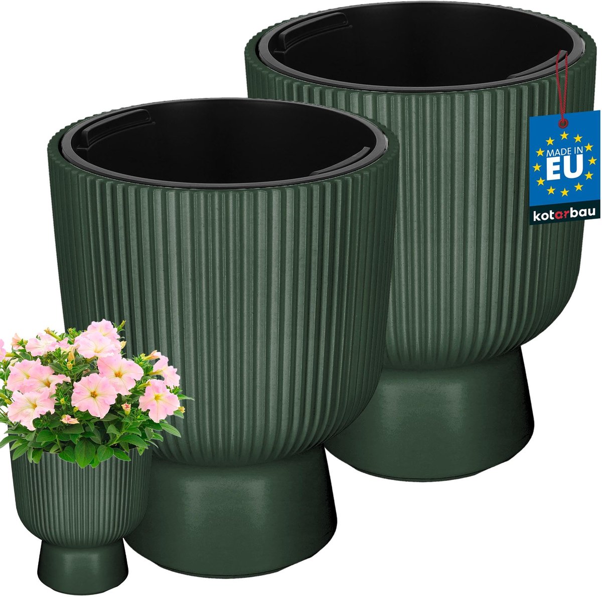 KOTARBAU® 2 Stuks - Bloempot - Plantenpot Ø 23 cm - met Binnenpot - Geribbelde Plantenbak - Plantenpot met Voet - Plantenbak - Kunststof - H: 30 cm - Groen