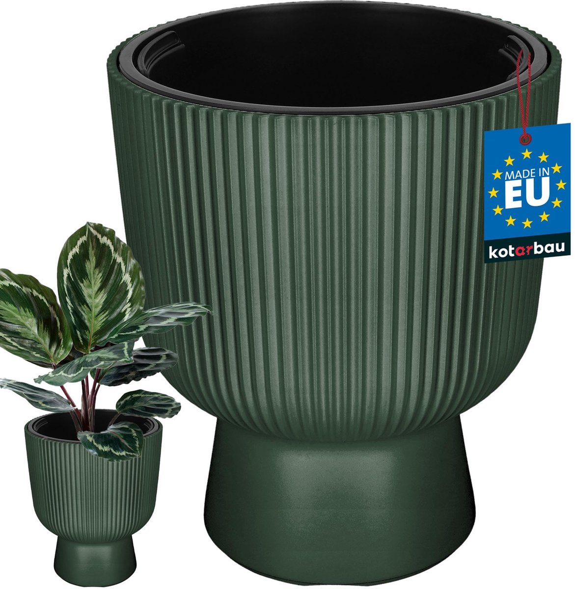 KOTARBAU® Bloempot - Plantenpot Ø 29 cm - met Binnenpot - Geribbelde Plantenbak - Plantenpot met Voet - Plantenbak - Kunststof - H: 36 cm - Groen
