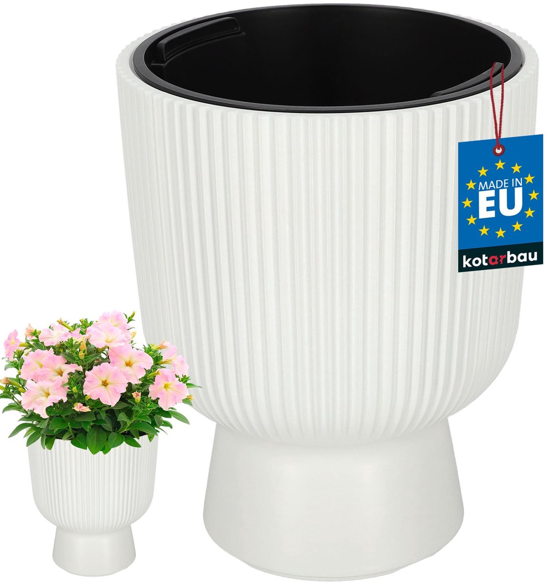 KOTARBAU® Bloempot - Plantenpot Ø 23 cm - met Binnenpot - Geribbelde Plantenbak - Plantenpot met Voet - Plantenbak - Kunststof - H: 30 cm - Wit