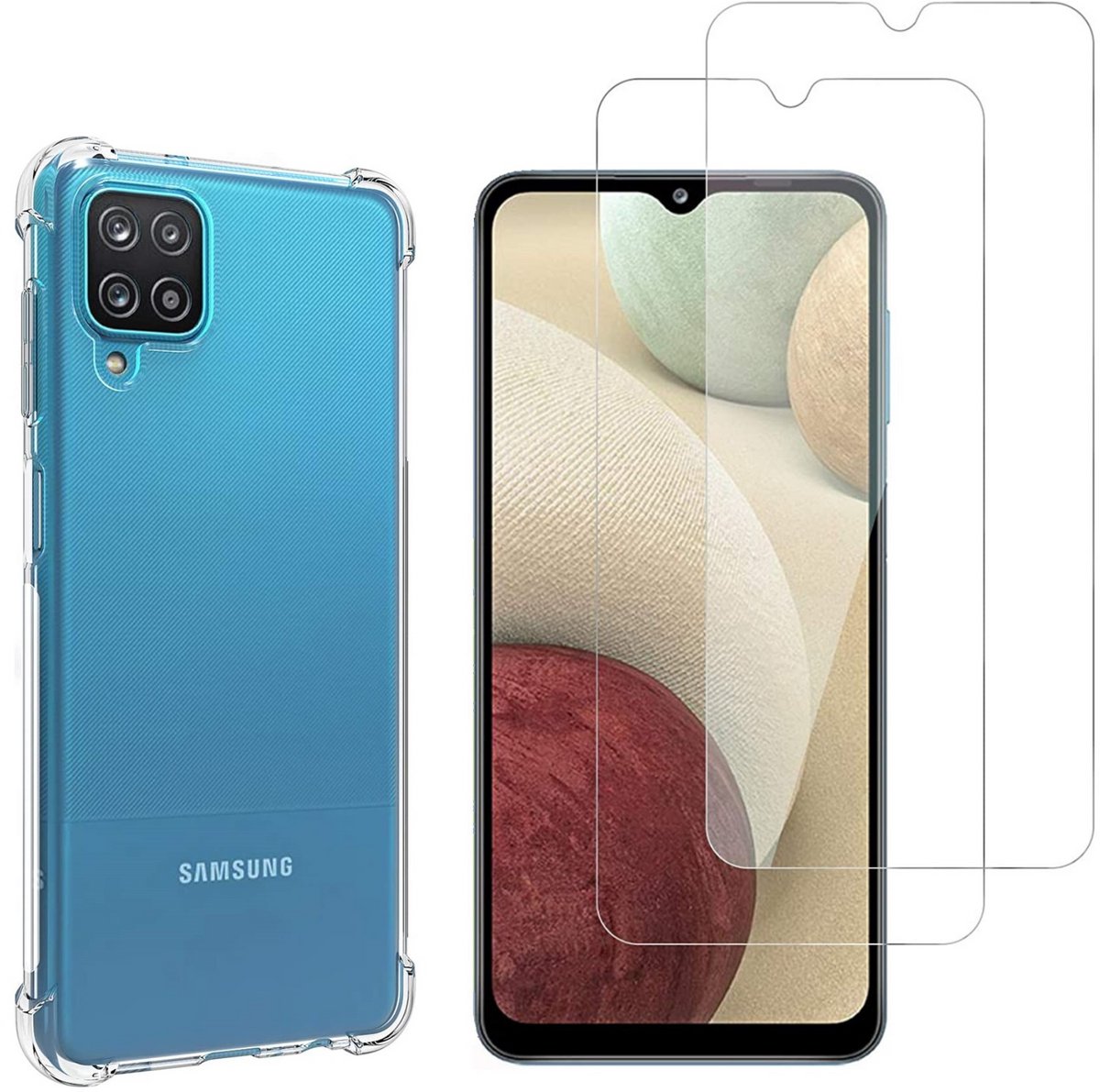 Hoesje geschikt voor Samsung Galaxy A12 backcover Shockproof siliconen Transparant en 2 stuks Screenprotector Gehard Glas