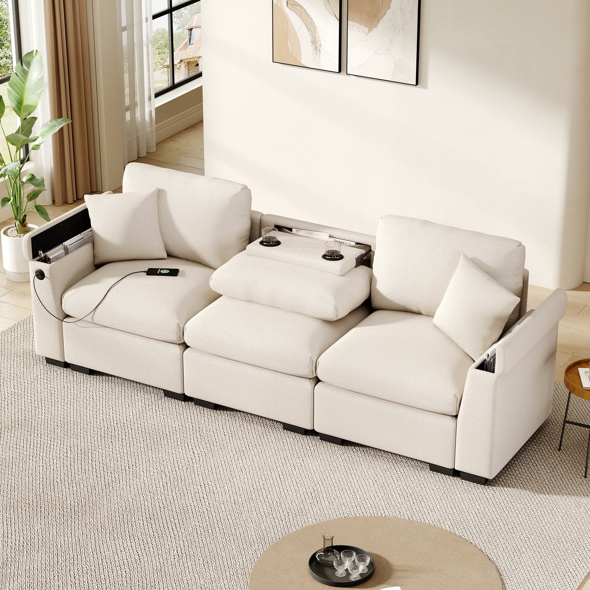 Sofa - 3-zits chenille met opklapbare tafel, USB-poort, drinkhouder, opbergruimte & 2 kussens - 242x80x88 cm - Beige