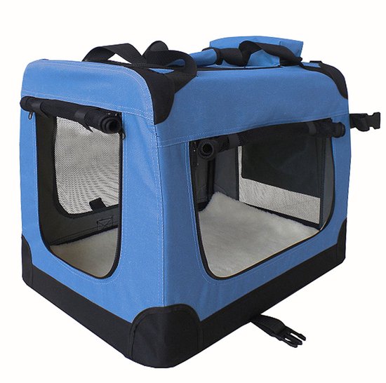 Blauwe hondenkennel met ventilatie aan de zijkanten en een zachte deken erin