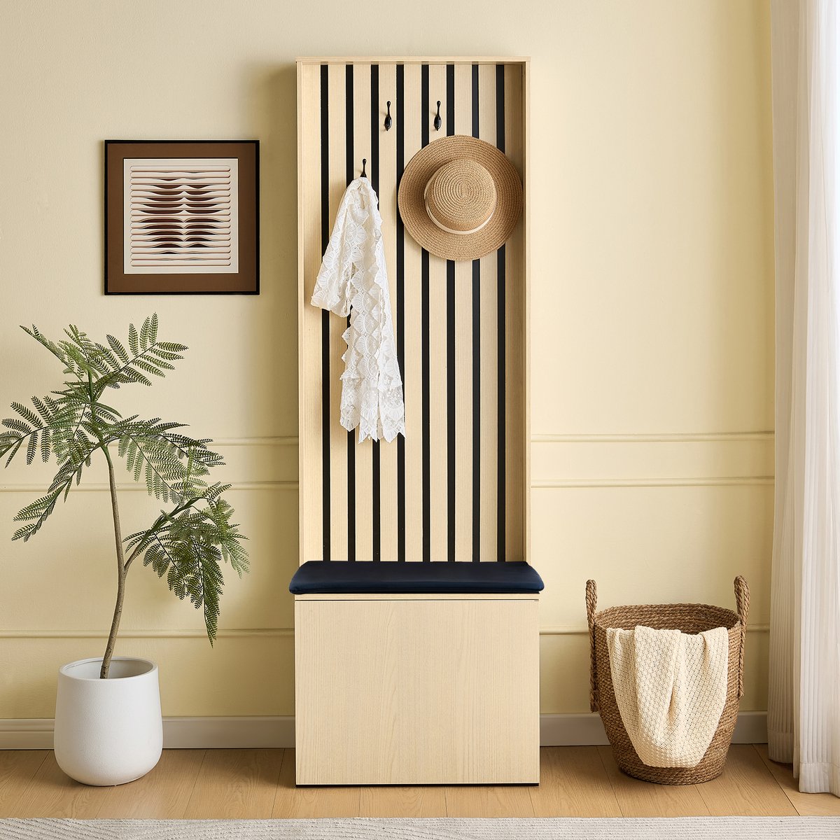 VVBV Halmeubel - 61 x 35 x 179,5 cm, Naturel, Zitbank, 4 Haken, Schoenenopberging, voor Hal en Entree