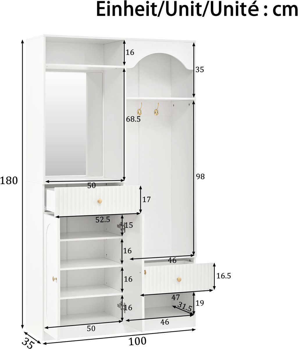 VVBV Halmeubel - 100 x 35 x 180 cm, Wit, Spiegel, Zitbank, Schoenenopberging, LED-Verlichting, App-bediening