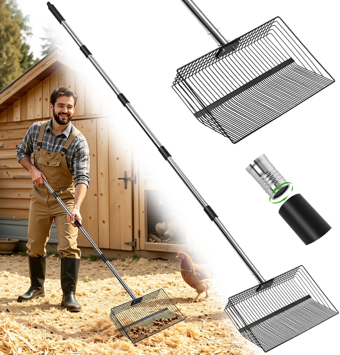 Grote Kippenmestschep 38 x 20 cm - Verstelbare 4-in-1 Steel van 91 tot 190 cm voor Mest, Stro en Bodembedekking - metalen reinigingsgereedschap voor kippenhokken