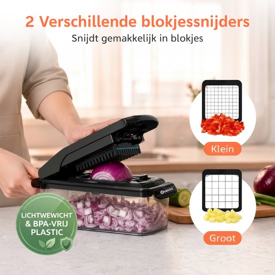 De Lekro groentesnijder heeft 2 verschillende blokjessnijders voor kleine en grote blokjes paprika en aardappel.