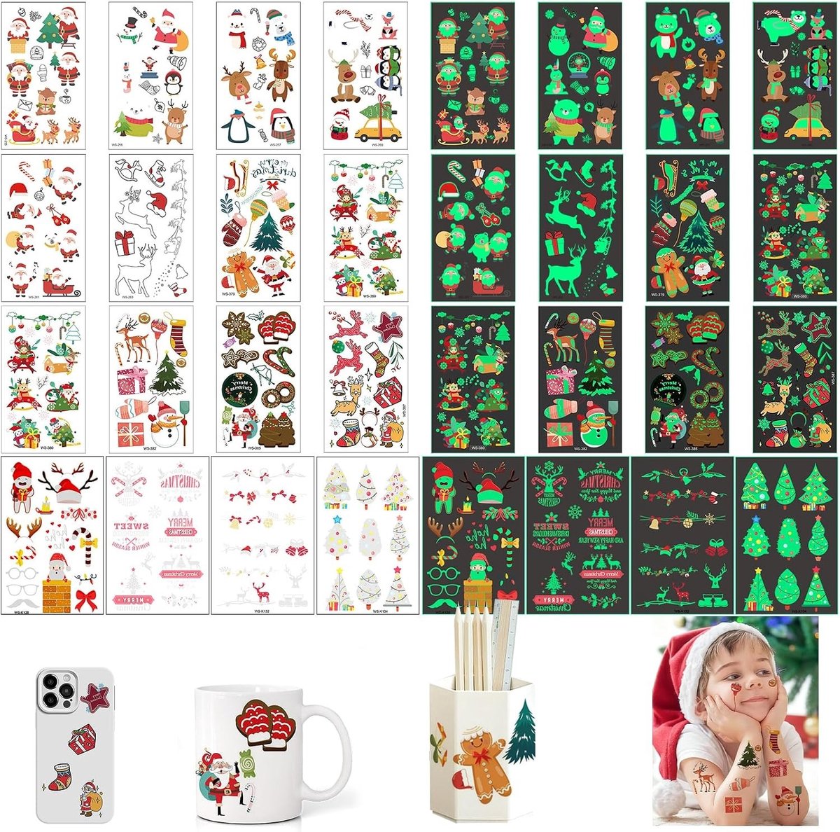 Lichtgevende kerststickers voor kinderen - 200 vrolijke kersttattoo's voor feestelijke versiering
