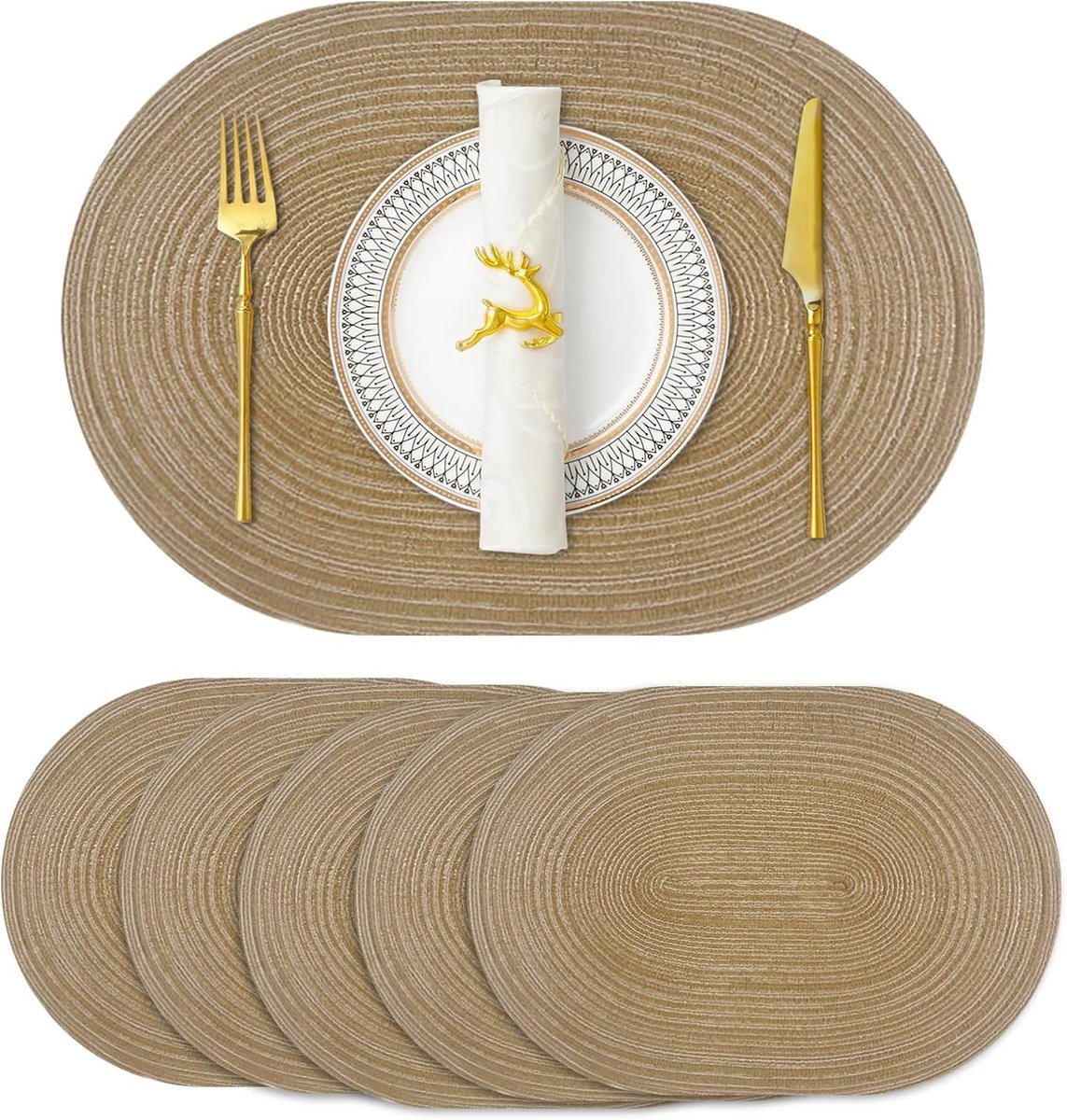 Placemats - Ovaal Geweven Placemats - 35x50 cm - Katoenen Tafelmatten - Hittebestendig en Wasbaar - Voor Binnen en Buiten - 6 stuks - Khaki
