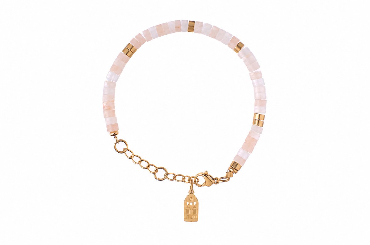 Lauren Sterk Amsterdam Rozenkwarts Armband - Natuursteen Kralen - Verguld roestvrij staal