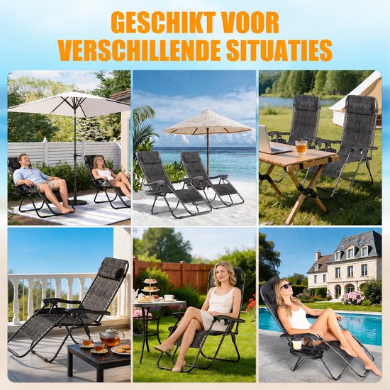 Arvioo - Ligstoel - Verstelbaar 90°-165° - Opvouwbaar - Textilene - Met bekerhouder & hoofdkussen — afbeelding 5
