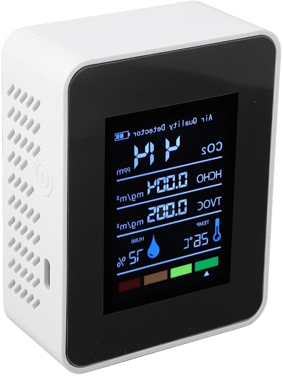 Luchtkwaliteitsmonitor - CO2-meter Vochtigheidstester - Binnenklimaat Controleren - 5-in-1 Meting - 14 x 10 x 5 cm - Wit