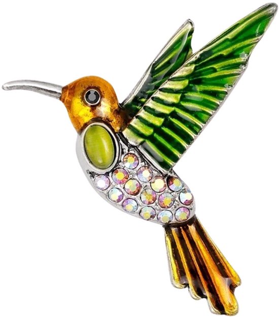 Broche colibri vert, orange et doré, ornée de strass et d'une cabochon verte.