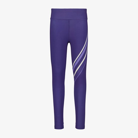 Paarse sportlegging voor meisjes met streepdetail op de zijkant in paars, wit en beige. Met kleine perforaties.