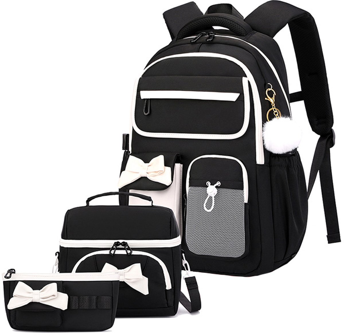 VHV Schoolrugzak Meisjes - 3-delige Set met Lunchset, Etui en Strik - Zwart en gebroken wit - Voor Basis- en Middelbare School