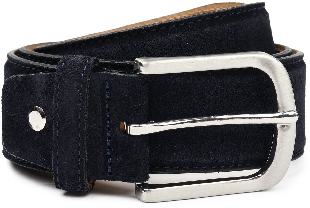 Suitable Riem Suède Leer Donkerblauw (navy) - Maat 105 - Heren leren broekriem / broeksriem - Ceintuur - Riem casual