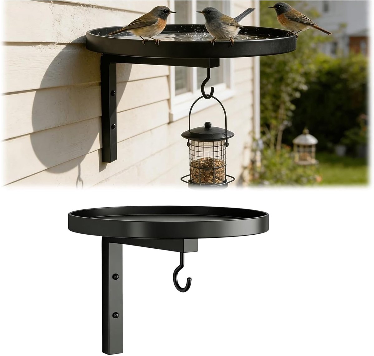 KZQ Metalen Wandvogelbad 2-In-1 Met Voederbak – Antiek Brons, Roestvrij, Met Ophanghaak Voor Tuin, Balkon En Terras