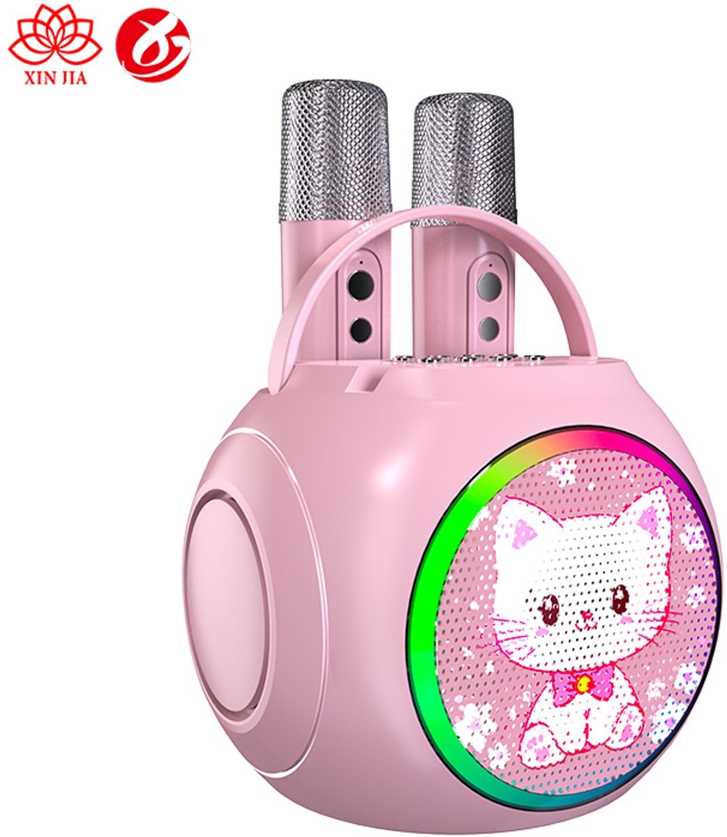 Kitty Beat Kids Karaokeset – 10W Bluetooth Speaker – 2 Draadloze Microfoons – RGB Verlichting – Roze