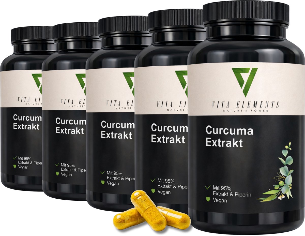 Vita Elements Kurkuma Extract Capsules met Curcumine en Zwarte Peper - Biologisch - GGO-vrij - 90 Capsules - Voedingssupplement voor Gewrichten Set van 5