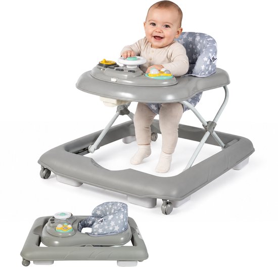 Grijze loopstoel met speelblad, sterrenpatroon en een lachende baby.