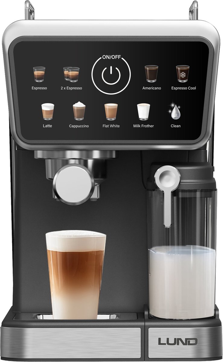 LUND 68502 9-in-1 Halfautomatische Espresso Espresso- & Capsulemachine – 20 Bar – Thermoblock – Automatische Melkopschuimer – Geschikt voor Gemalen Koffie & Nespresso® Capsules