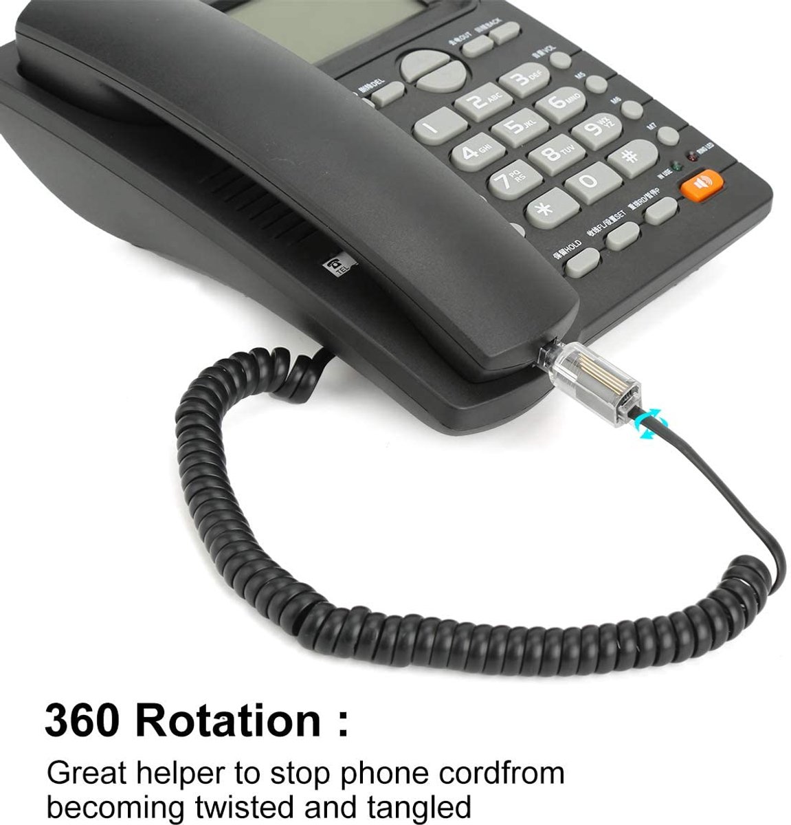SnelShoppen - 1x Telefoon Snoer Ontwinder Rotating 360 Telefoon Snoer Ontvanger, Duidelijk/Zwart - Geschikt voor Familie Vaste Telefoon, RJ11