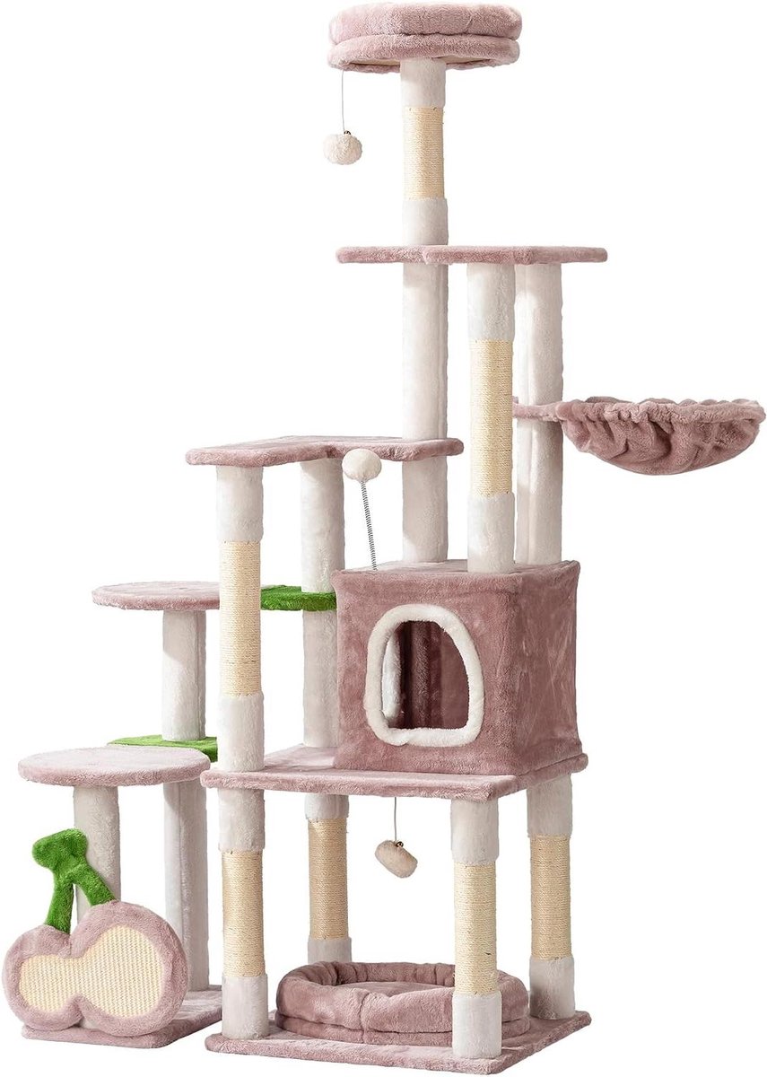Krabpaal voor katten - Kattenboom speelhuis - Spelen en rusten - Met speelse kersen - 162 cm hoog - Roze
